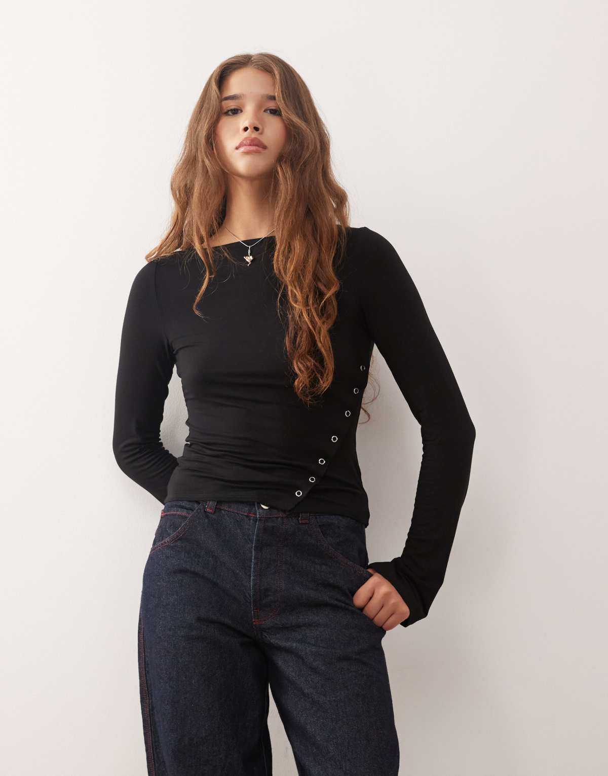 Weekday boat neck long sleeve top with eyelet split hem detail in black