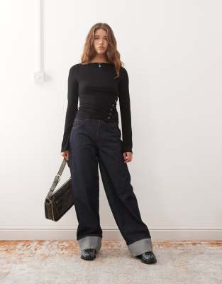 Weekday Boat Neck Long Sleeve Top With Eyelet Split Hem Detail In Black