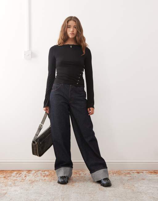 Weekday boat neck long sleeve top with eyelet split hem detail in black