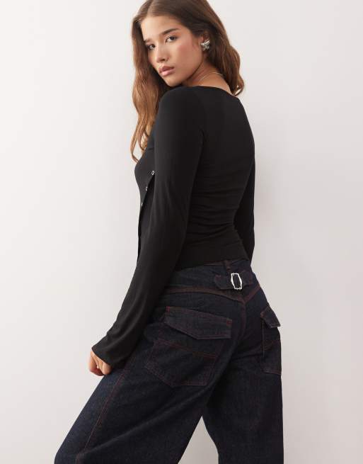 Weekday boat neck long sleeve top with eyelet split hem detail in black