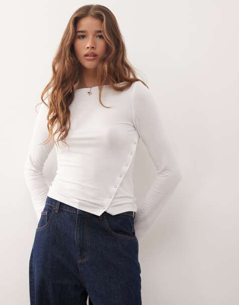 Weekday boat neck long sleeve top with eyelet split hem detail in white - view 1