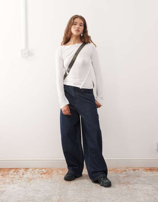 Weekday boat neck long sleeve top with snaps on split hem detailing in white