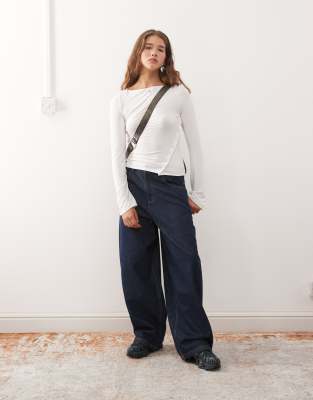 Weekday Boat Neck Long Sleeve Top With Snaps On Split Hem Detailing In White