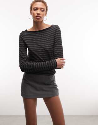 Weekday Boat Neck Long Sleeve Top With Snatched Waist In Black