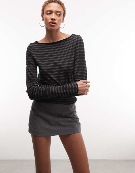 Weekday boat neck long sleeve top with snatched waist in black and grey stripe - view 1
