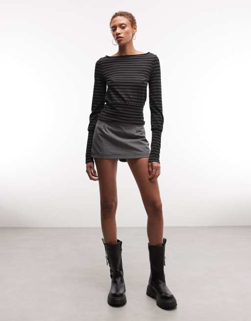 Weekday boat neck long sleeve top with snatched waist in black and grey stripe, 2 of 4