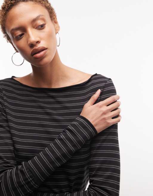 Weekday boat neck long sleeve top with snatched waist in black and grey stripe, 3 of 4