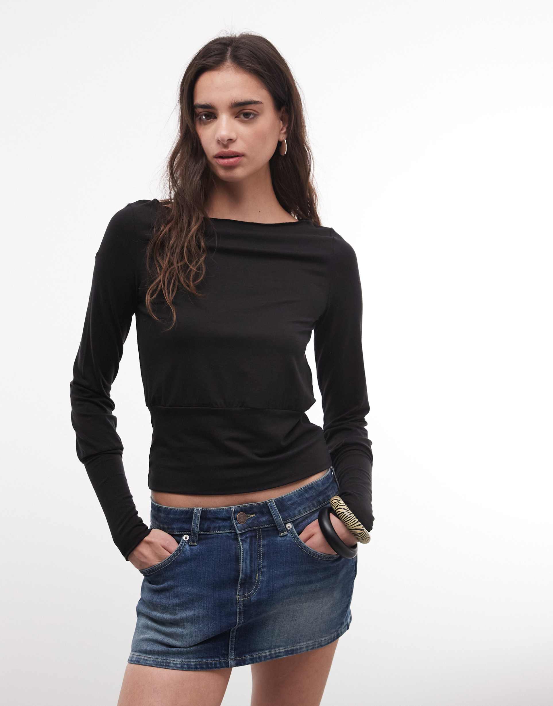 weekday boat neck long sleeve top with snatched waist in black