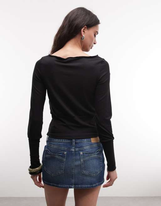 Weekday boat neck long sleeve top with snatched waist in black, 3 of 4