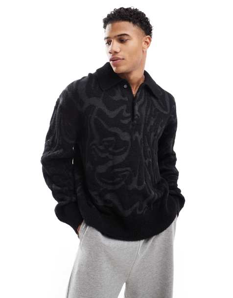 Weekday - Bobby - Polo en maille à motif ondoyant - Noir/gris - view 1