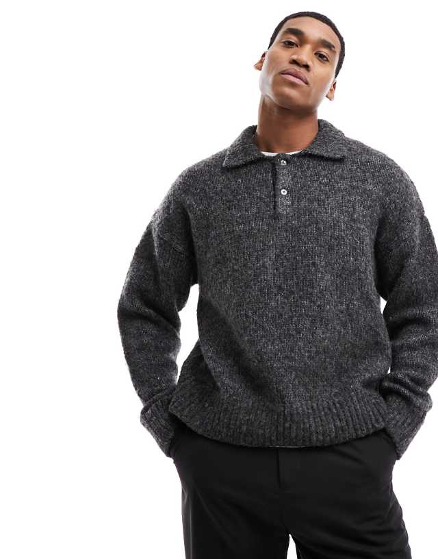 Weekday - bobby relaxed fit wool blend knitted polo in dark grey