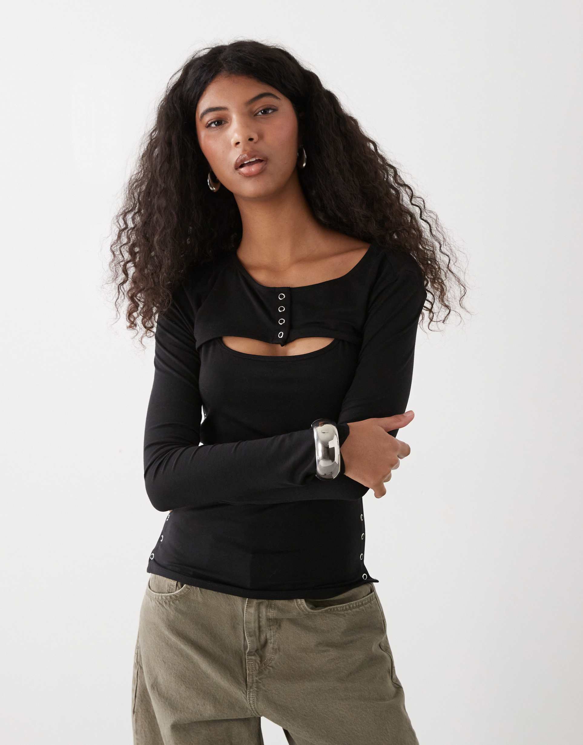 weekday bolero detail long sleeve top in black