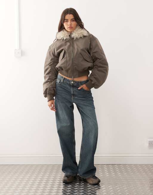 Weekday bomber jacket with faux fur collar in mole - exclusive to ASOS
