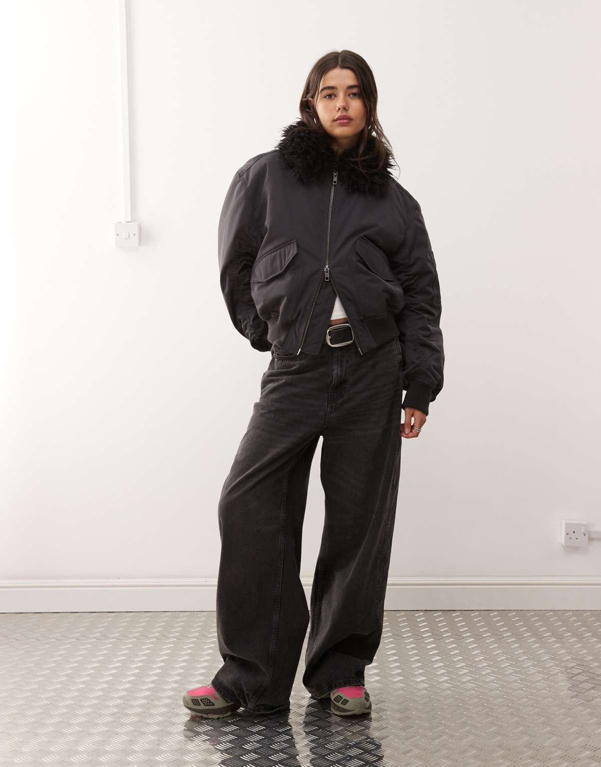 Weekday bomber jacket with faux fur collar in off-black