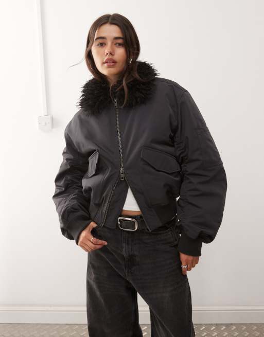 Weekday bomber jacket with faux fur collar in off-black