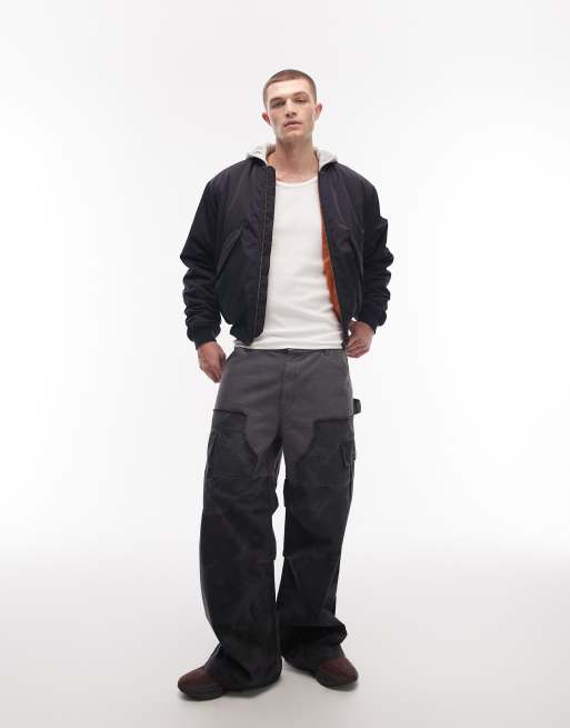 Weekday bomber jacket with jersey hood and contrast camo graphic sleeves in dark navy, 2 of 5