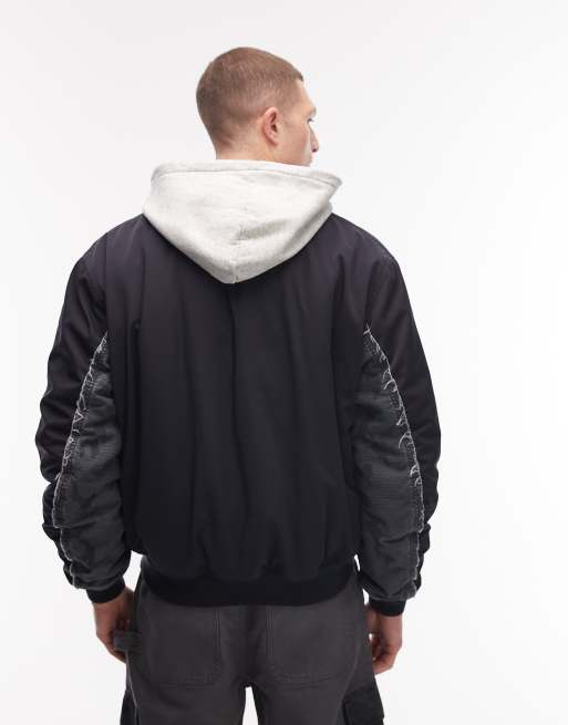 Weekday bomber jacket with jersey hood and contrast camo graphic sleeves in dark navy, 3 of 5