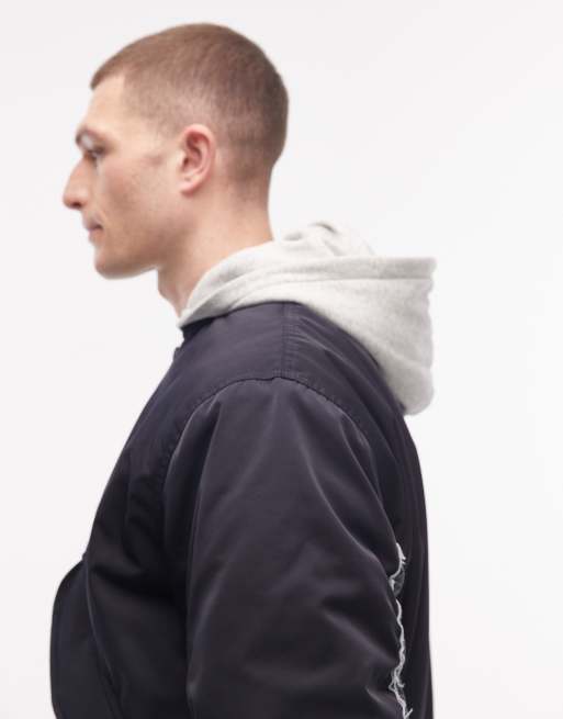 Weekday bomber jacket with jersey hood and contrast camo graphic sleeves in dark navy, 4 of 5