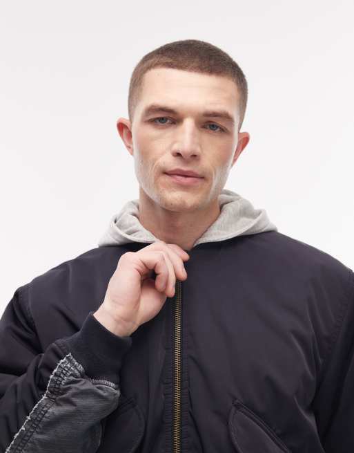 Weekday bomber jacket with jersey hood and contrast camo graphic sleeves in dark navy, 5 of 5