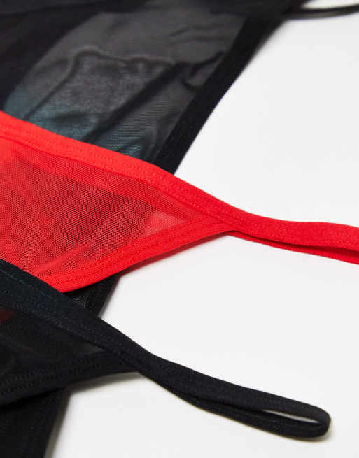 Weekday Bonnie 3-pack mesh tanga thongs in red and black