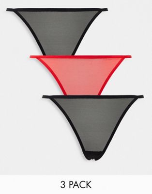 Weekday Bonnie mesh tanga thong 3 pack in red and black