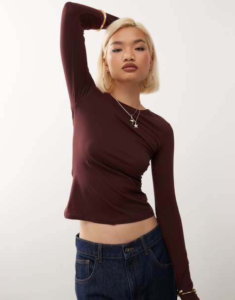 Weekday slim fit long sleeve t-shirt in burgundy