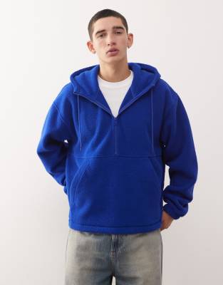 Weekday Borg Fleece Half Zip Hoodie With Elasticized Hem In Blue