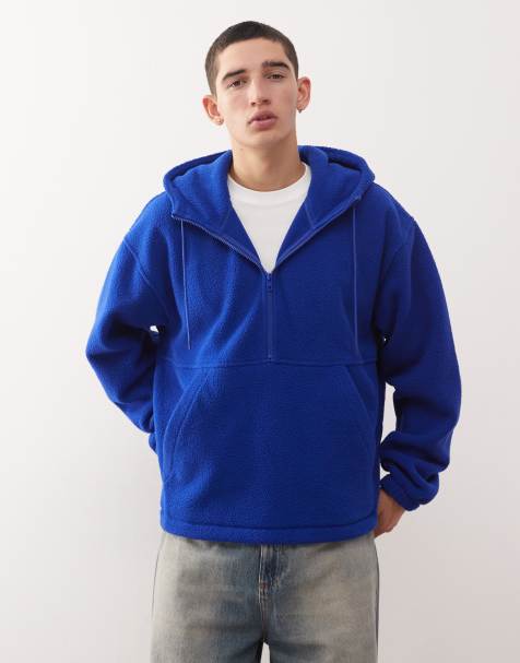 Weekday borg fleece half zip hoodie with elasticized hem in blue - view 1