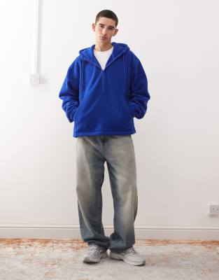 Weekday Borg Fleece Half Zip Hoodie With Elasticized Hem In Blue