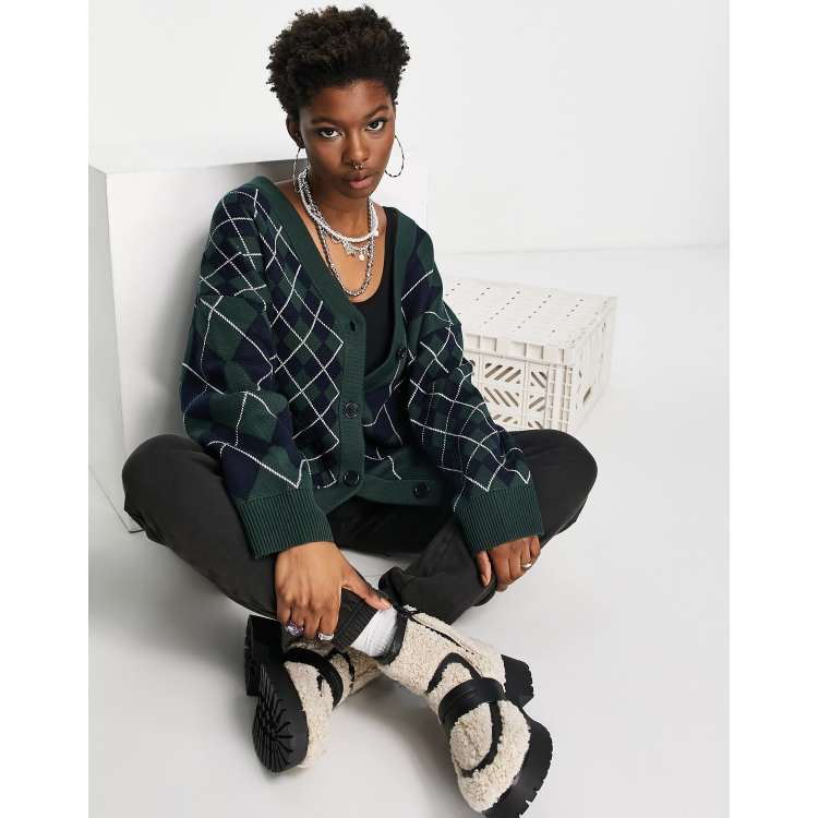 Weekday Borrowed argyle cardigan in green - NAVY