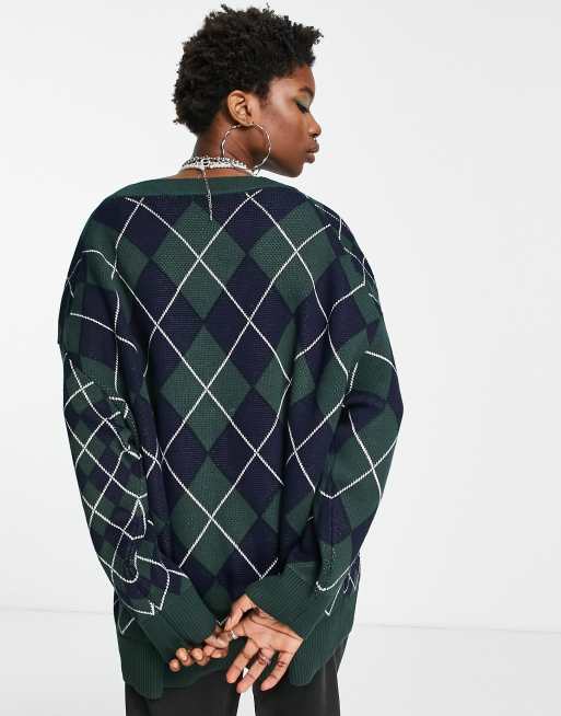 Weekday Borrowed argyle cardigan in green - NAVY