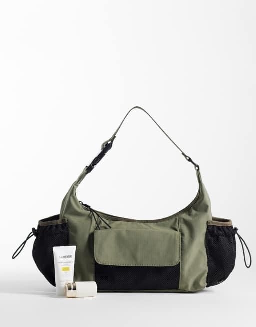 Weekday - Borsa a mano in rete verde kaki con coulisse, 2 di 4