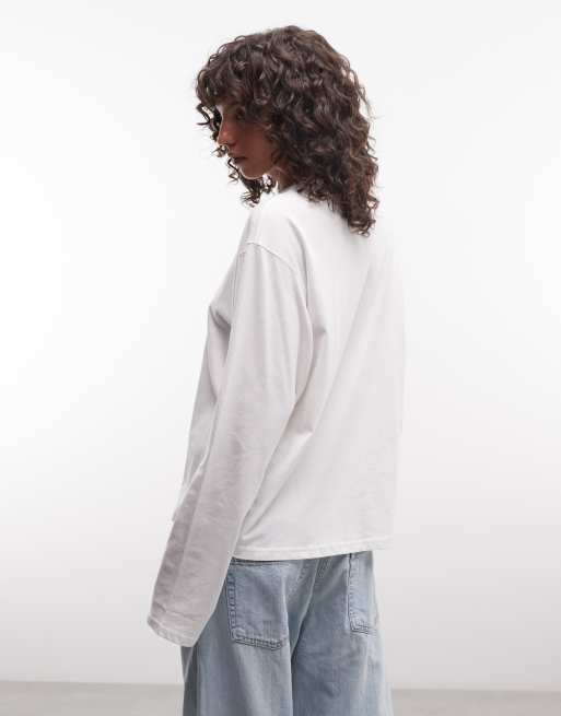 Weekday boxig långärmad t-shirt med v-ringning i vitt, 4 av 4