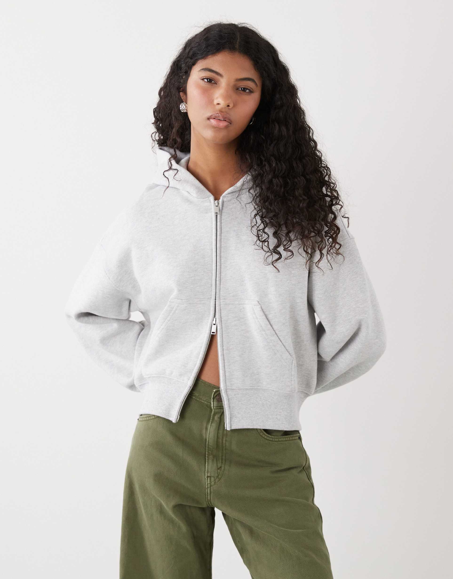 weekday boxy cropped zip through hoodie in gray melange