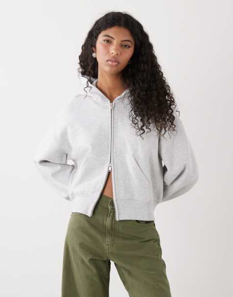 Weekday boxy cropped zip through hoodie in grey melange - view 1