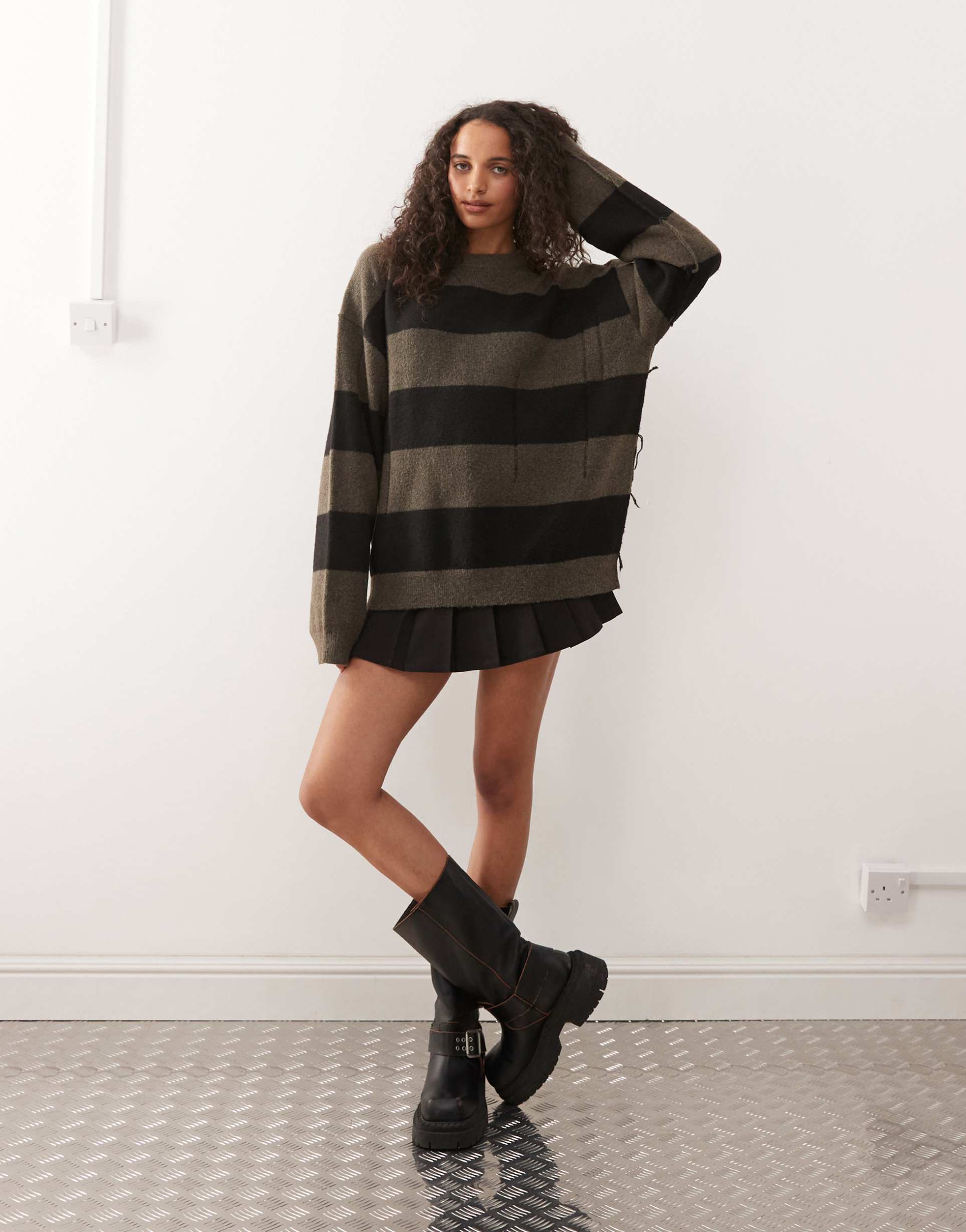weekday boxy fit distressed sweater with fringe sleeve detail in dark mole & black stripe