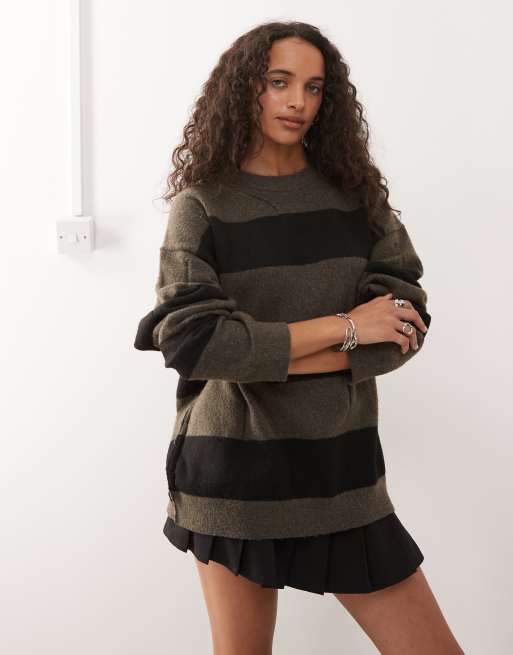 Weekday boxy fit distressed sweater with fringe sleeve detail in dark mole & black stripe, 2 of 4