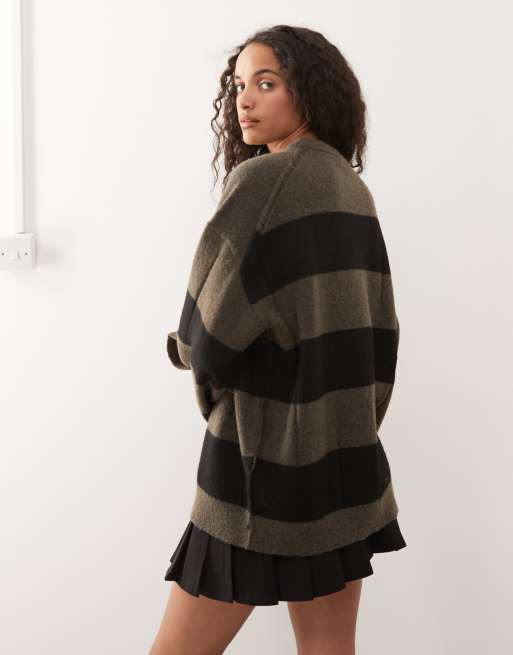 Weekday boxy fit distressed sweater with fringe sleeve detail in dark mole & black stripe, 4 of 4