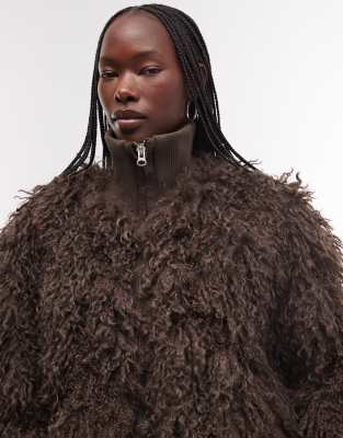 Weekday Boxy Fit Faux Fur Jacket In Brown