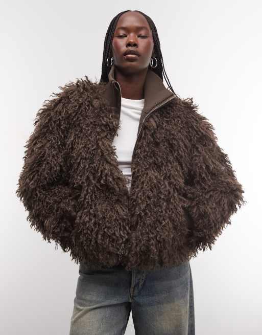 Weekday boxy fit faux fur jacket in light brown, 2 of 4