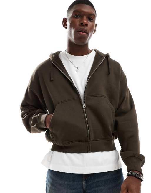 Weekday boxy fit jersey zip through hoodie in dark brown