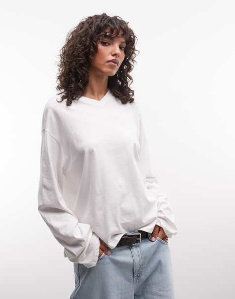 Weekday boxy fit langærmet T-shirt med V-hals i hvid - view 1