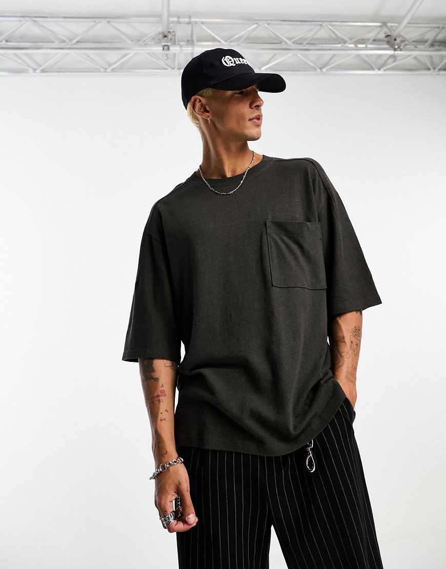 Weekday Boxy fit linen blend t-shirt in off-black