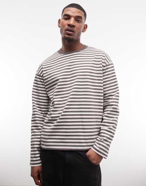 Weekday boxy fit long sleeve T-shirt in mole & off-white stripe - view 1