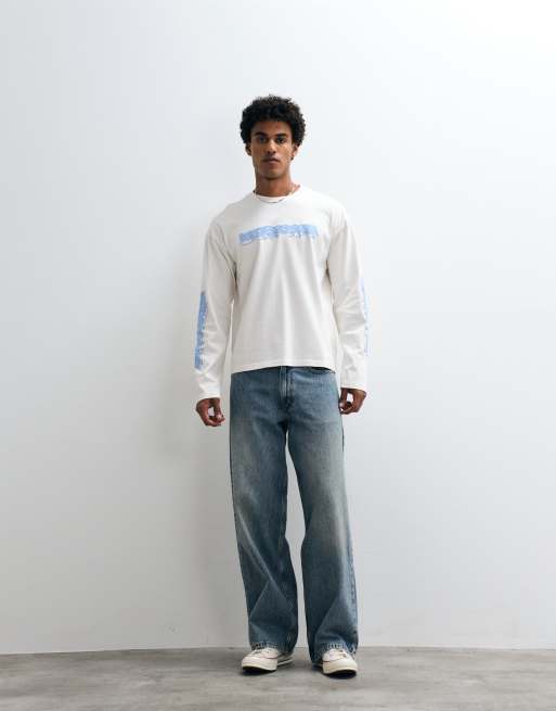 Weekday boxy fit long sleeve t-shirt with karma graphic print in off-white, 2 of 5