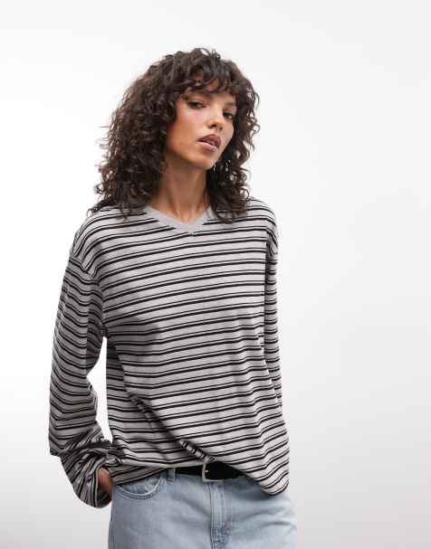 Weekday boxy fit long sleeve T-shirt with V-neck in gray and black stripe - view 1