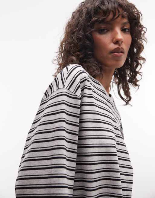 Weekday boxy fit long sleeve t-shirt with v neck in grey and black stripe, 3 of 4