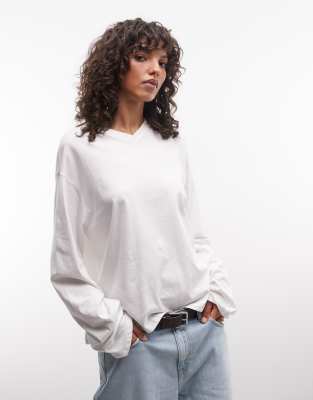 Weekday Boxy Fit Long Sleeve T-shirt With V-neck In White
