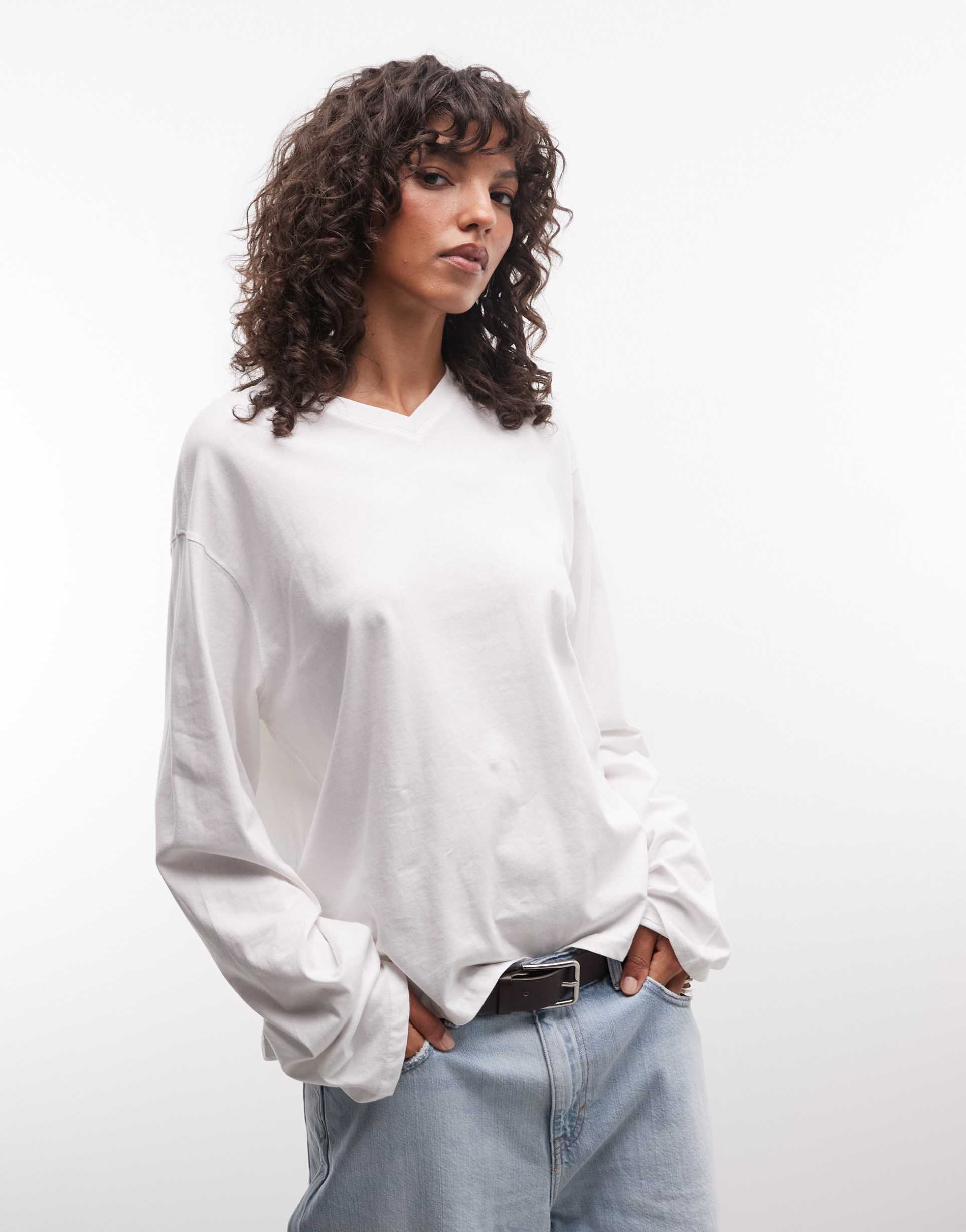 weekday boxy fit long sleeve t-shirt with v-neck in white