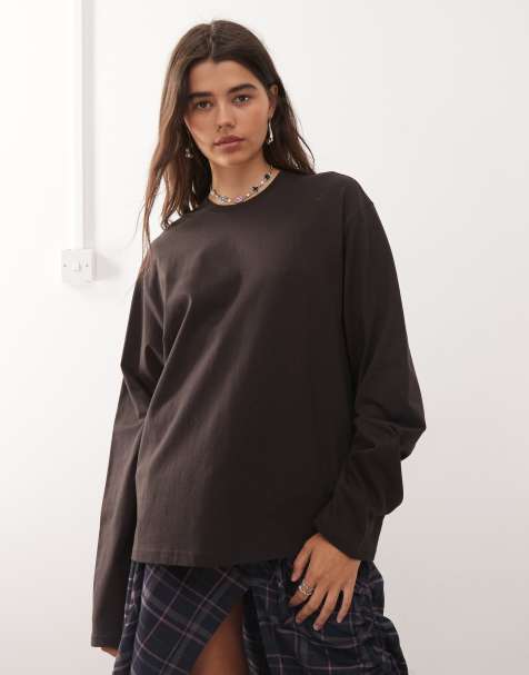 Weekday boxy fit oversized long sleeve t-shirt in dark brown - view 1